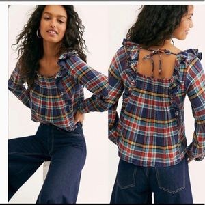 FREE PEOPLE Siena Red & Blue Stripe Plaid Top Long Sleeve Ruffle Blouse Women M